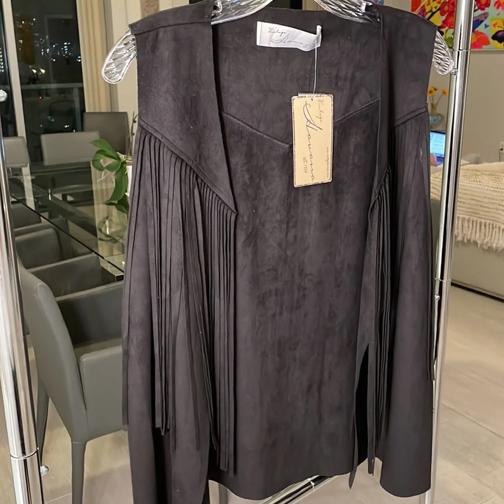NWT Vintage Havana fringe black suede like vest - Picture 1 of 8